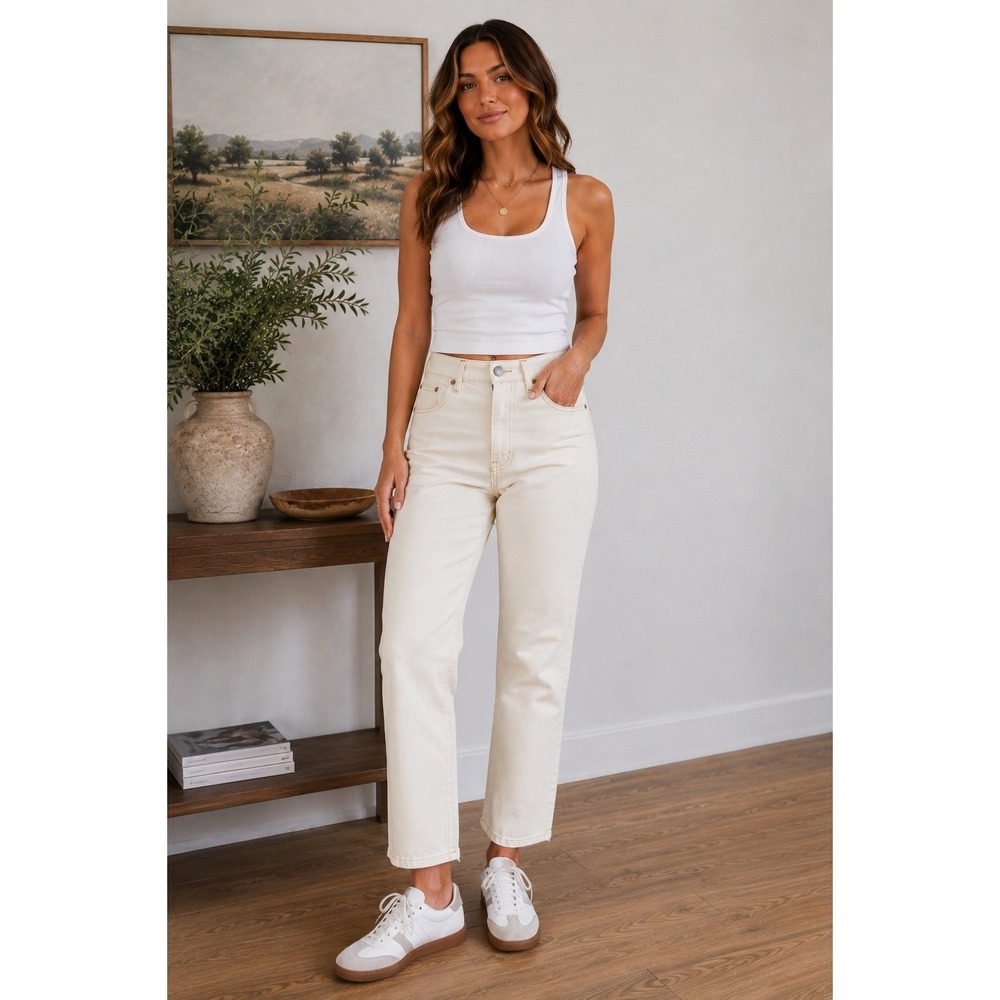 Levis Ribcage Straight Ankle Jeans Cream Off White High Rise Western Stitch 28